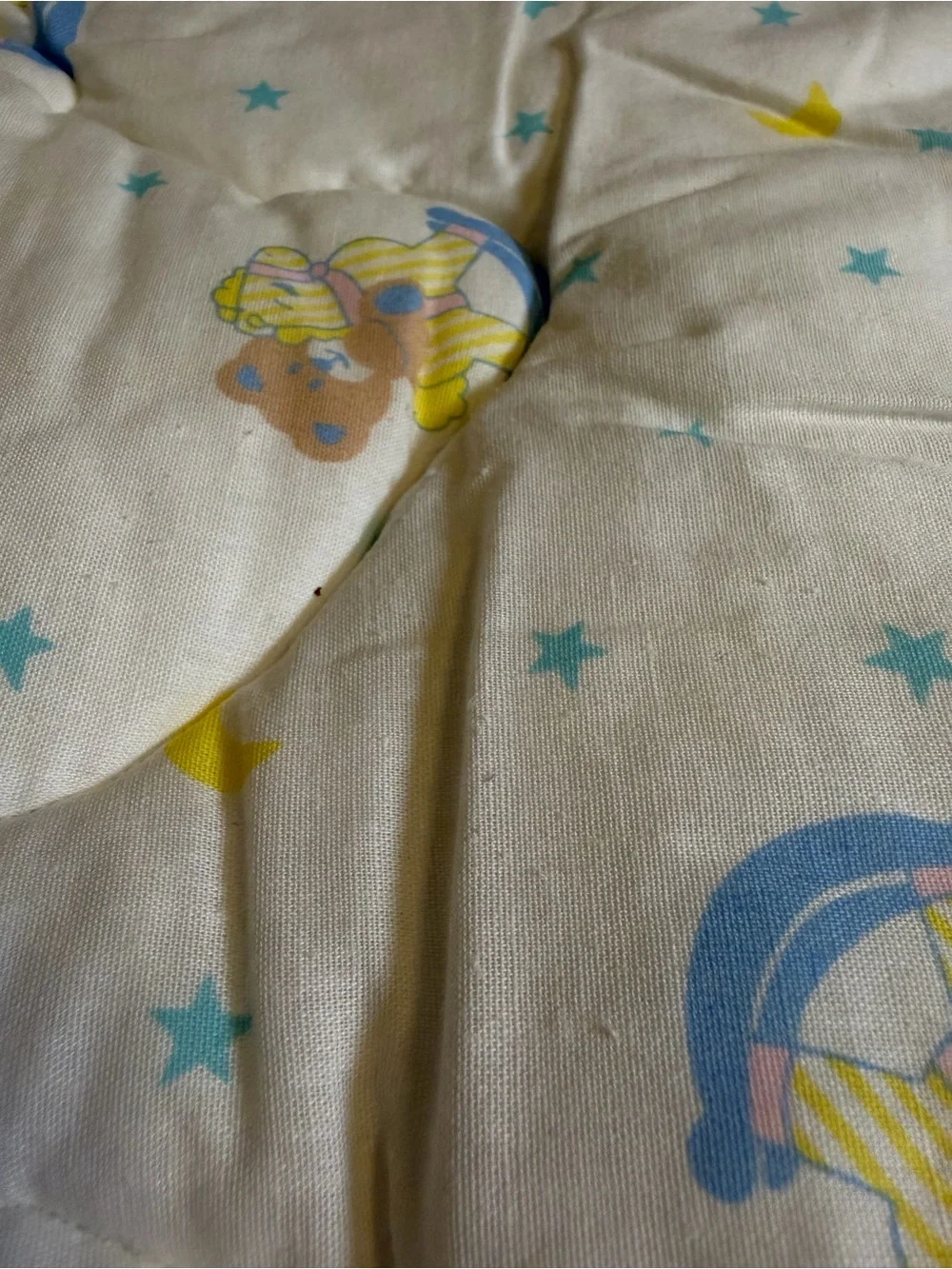 Vintage 80s 90s Baby Crib Comforter Teddy Bear Rocking Horse Moon Stars Pastel